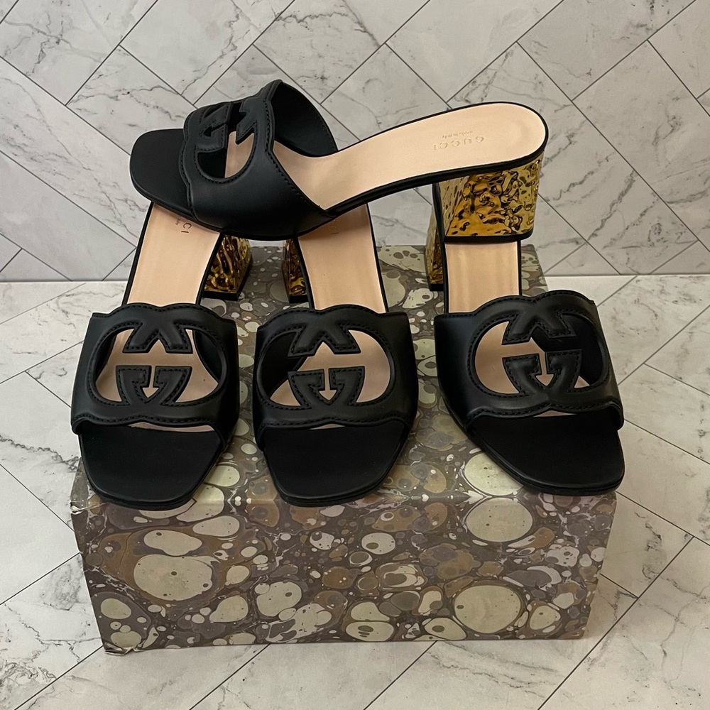 Gucci Black Mules with Gold Textured Heel - Picture 2 of 4